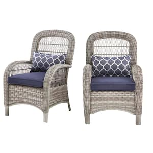 Beacon Park Gray Wicker Outdoor Patio Captain Dining Chair with CushionGuard Midnight Trellis Navy Blue Cushions(2-Pack)
