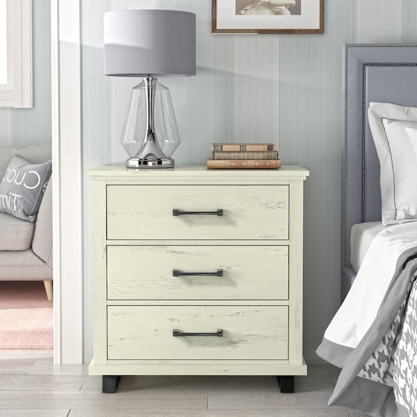 FESTIVO Modern Farmhouse Saw Cut Off White 3-Drawer Nightstand with Anti-Tipping Capabilities