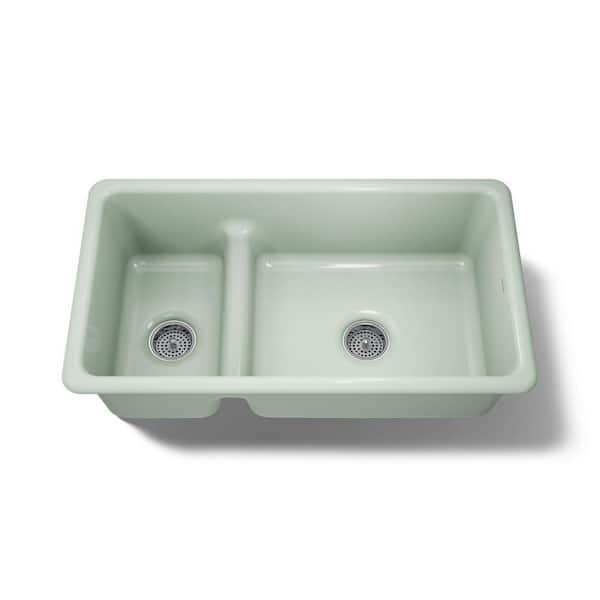 Iron/Tones 33 in. Drop-in Double Bowl Aspen Green Cast Iron Kitchen Sink