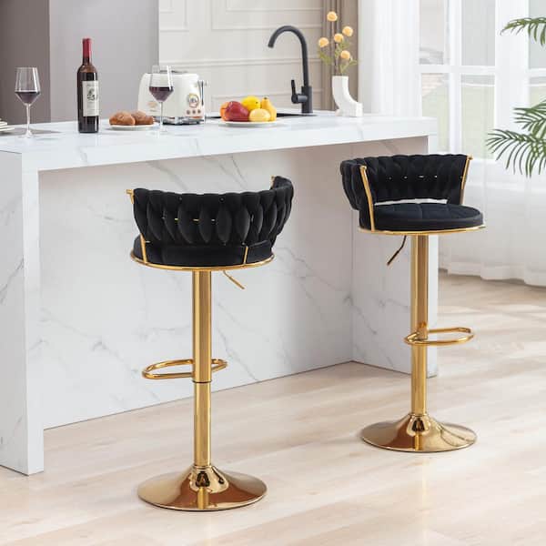 Adjustable Barstools Set, Counter Height Stools with Back and Arm, Velvet Woven Kitchen Island Stools, Black Set of 2