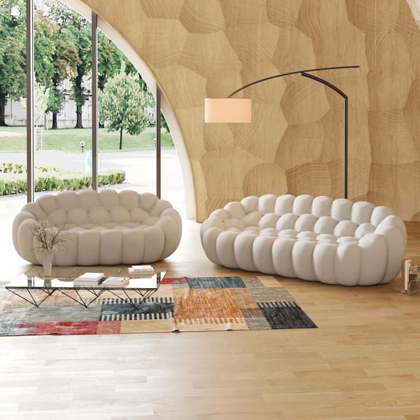 J&E Home 98 in. W Flared Arm 3D-Knitted Polyester 2-Piece Curved Modular Sectional Sofa in Beige