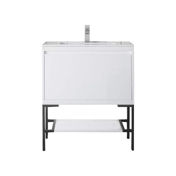 James Martin Vanities Mantova 31.5 in. W x 18.1 in. D x 36 in. H Single Bathroom Vanity Glossy White and Glossy White Composite Stone Top