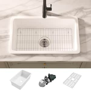 Oslo 30 in. Drop-In/Undermount Single Bowl Fireclay Kitchen Sink in Crisp White with Botton Grid and Basket Strainer