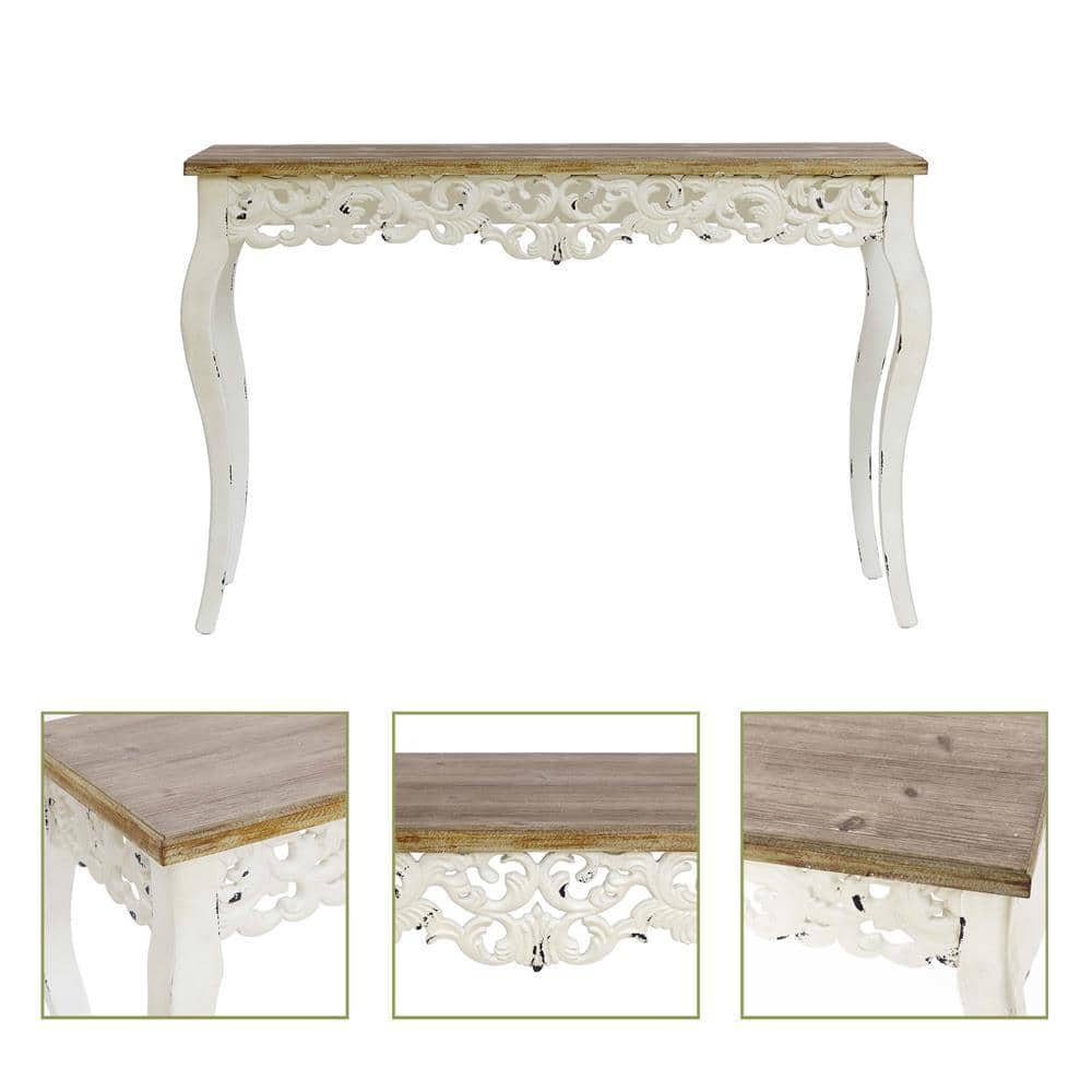 Victorian Off-White and Natural Wood Console Table with Storage