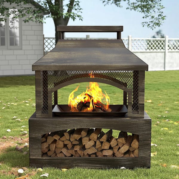 Bestier 37 in. Steel Outdoor Wood Burning Fireplace with Wood
