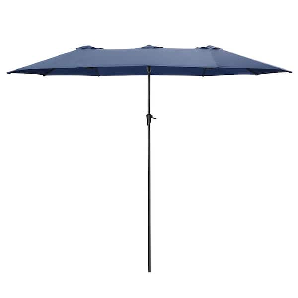 OVASTLKUY 15 ft. 3 Top Outdoor Rectangle Market Patio Umbrella with Crank in Navy Blue
