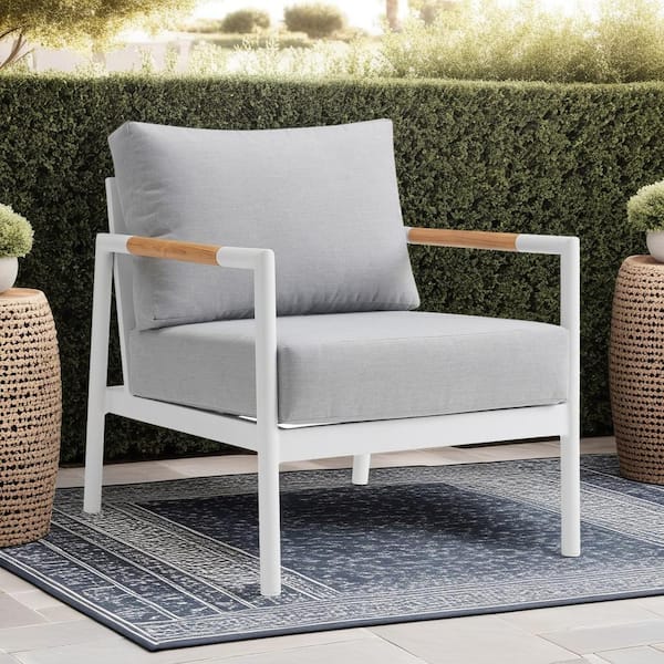Crown White Aluminum and Teak Wood Outdoor Lounge Chair with Gray Cushion
