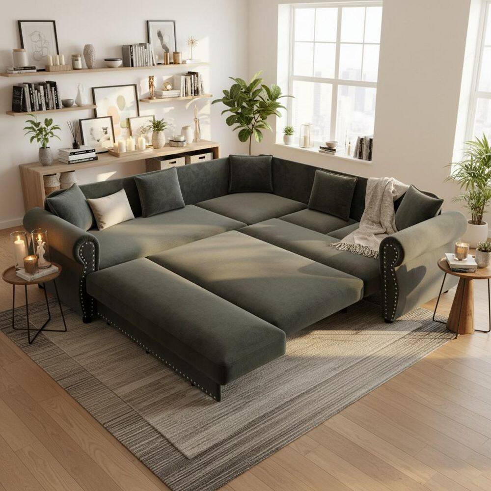 HULU 88.2 in. L-Shaped Chenille Sectional Sofa with Queen Sleeper and Rolled Arms in Iron Gray price history on PriceWatchPro