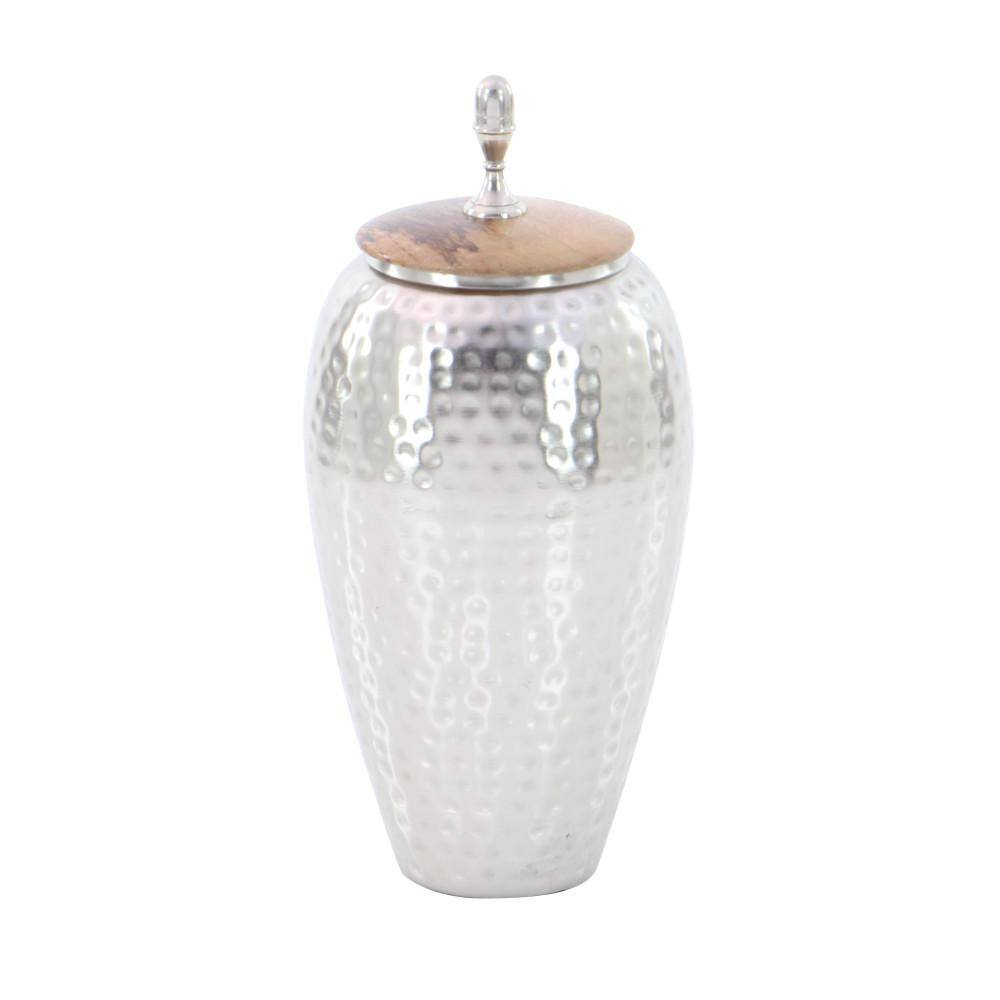 Contemporary 7" x 16" Silver Iron Jar with Wooden Lid