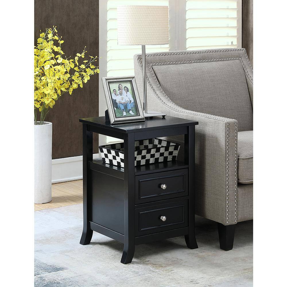 Black Wood End Table with Storage Drawers and Shelf