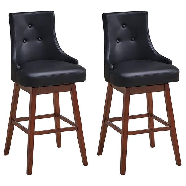 Gymax 46 in. Black and Brown Wood Set of 2 Swivel Bar Stools 29 in. Pub Height Upholstered Chairs with Rubber Wood Legs