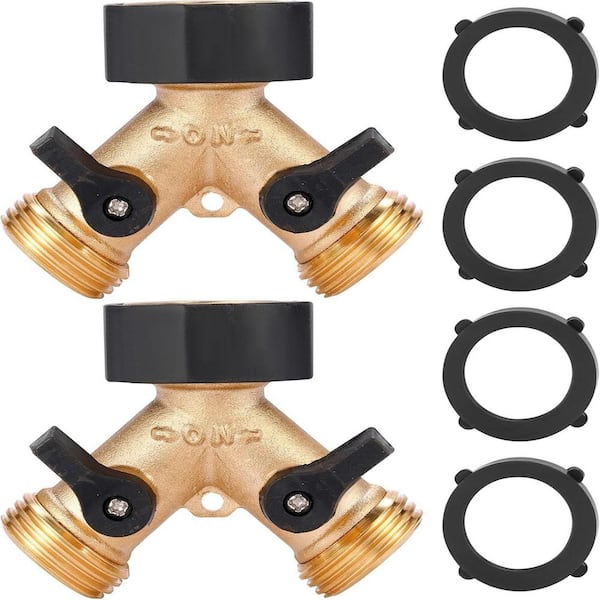 2 Pack Hose Bib Splitter 2 Way Heavy Duty, Y Connector Brass Garden Hose Adapter, 4 Extra Rubber Washers
