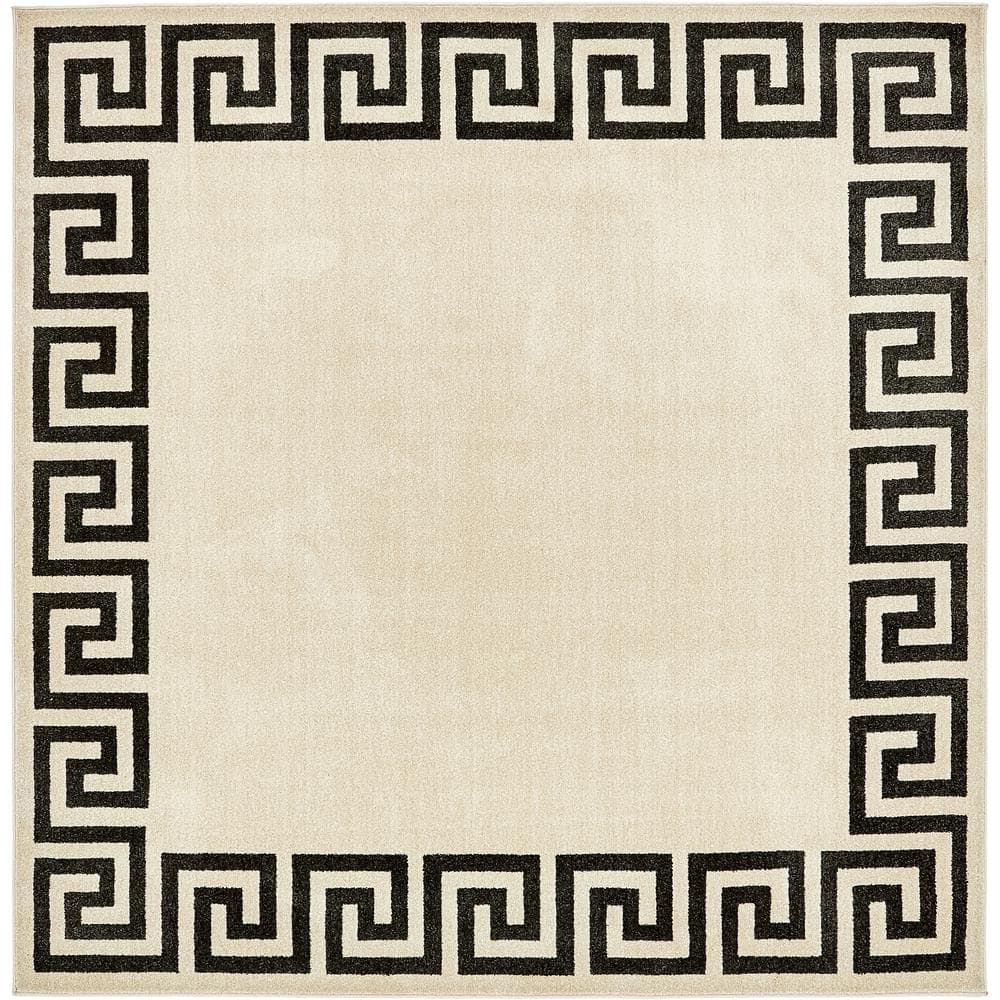 Beige and Black Geometric Border Square Rug, 8 ft