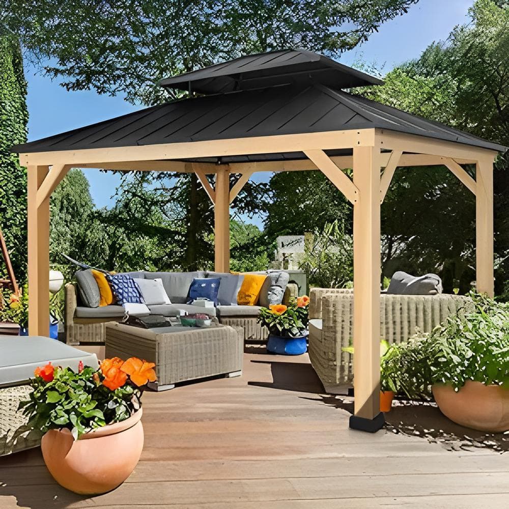11 ft. x 13 ft. Solid Cedar Wood Gazebo with Dual-Layer Iron Roof