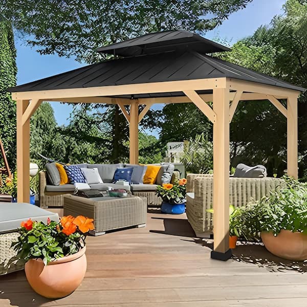 11 ft. x 13 ft. Solid Cedar Wood Gazebo with Dual-Layer Iron Roof