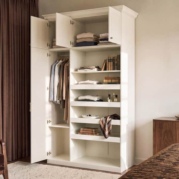 Cream Wood 59.1 in. Armoire with Pull-Out Drawers, Cabinet Doors, Top Cabinet Storage, Anti-Tip Hardware For Bedroom