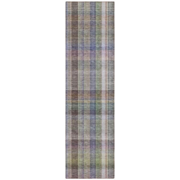 Gray, Blue, Green 2 ft. x 8 ft. Woven Plaid Polyester Runner Indoor / Outdoor Area Rug