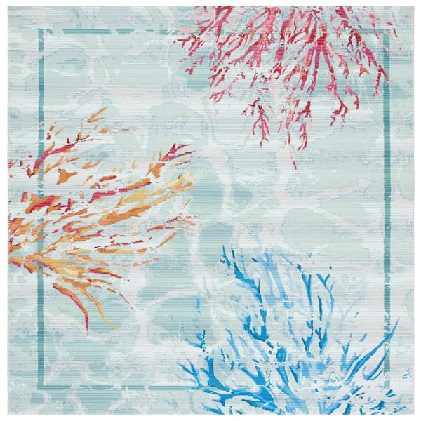 Barbados Teal/White 7 ft. x 7 ft. Border Nautical Indoor/Outdoor Patio  Square Area Rug