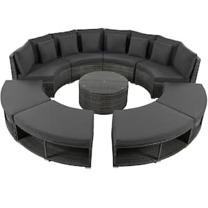 9-Pieces Wicker Patio Conversation Set with Grey Cushions, Luxury Circular Outdoor Sectional Sofa, with Coffee Table