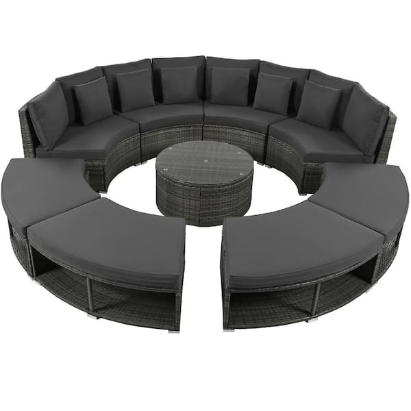 Unbranded 9-Pieces Wicker Patio Conversation Set with Grey Cushions, Luxury Circular Outdoor Sectional Sofa, with Coffee Table