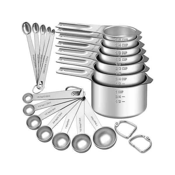 21-Piece Stainless Steel Measuring Spoon and Cup Set with Nesting Stackable Design and Detachable Rings for Baking
