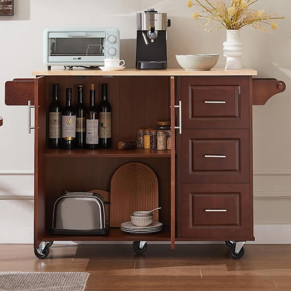 Staykiwi Brown Wood Kitchen Cart with 4-Swivel Casters Multiple Drawers and Shelves