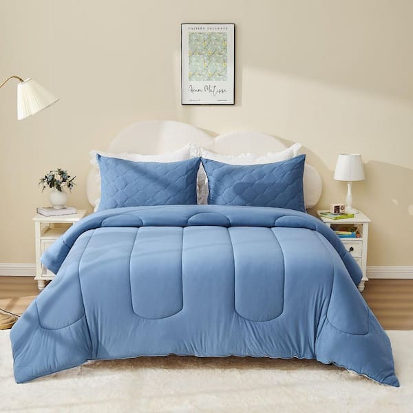 3-Piece Blue Queen All Season Bedding Set, Microfiber Lightweight Comforter and 2-Pillowcases