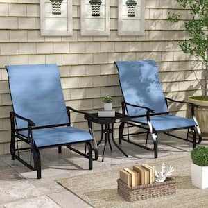 Blue 3-Piece Metal Patio Conversation Seating Set with Steel Frame, Tempered Glass Top Table
