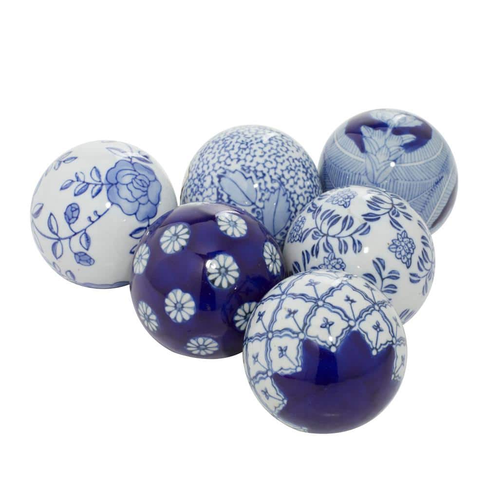Blue and White Ceramic Floral Pattern Vase Filler Orbs, Set of 6