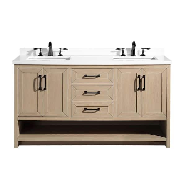 Venice 60 in. x 22 in. D x 34.5 in. H Bath Vanity in Oak Gray with White Quartz Vanity Top with White Basin