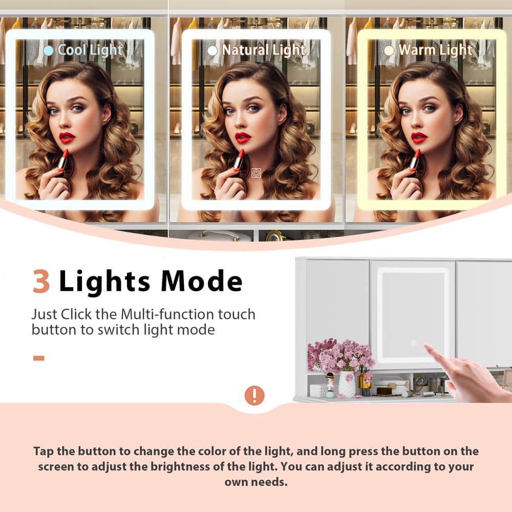 White Makeup Vanity Table Dressing Desk W/3-Mirrors,LED Lighted, 9-Drawers, Hidden Storage Shelves, Carved Metal Handles - thumbnail 5