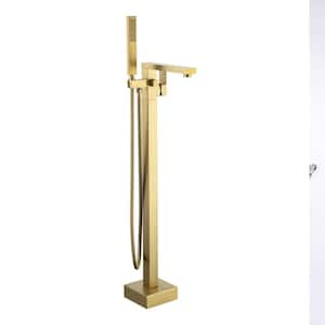 Freestanding Single Handle Bath Tub Filler Faucet with Hand Shower in Brushed Gold