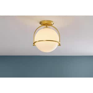 Owens 11.25 in. 1-Light Gold Semi-Flush Mount Ceiling Light Fixture with White Glass Globe Shade
