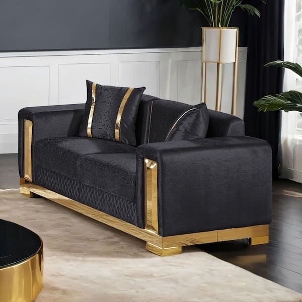 Jayda 68 in. Black and Gold Floral Polyester Fabric Upholstered 2-Seater Loveseat with Curved Track Arms and Tight Back