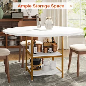 Roesler White and Gold Wood 47 in. 4 Legs Round Dining Table with Storage Shelves Kitchen Dining Table Seats 4