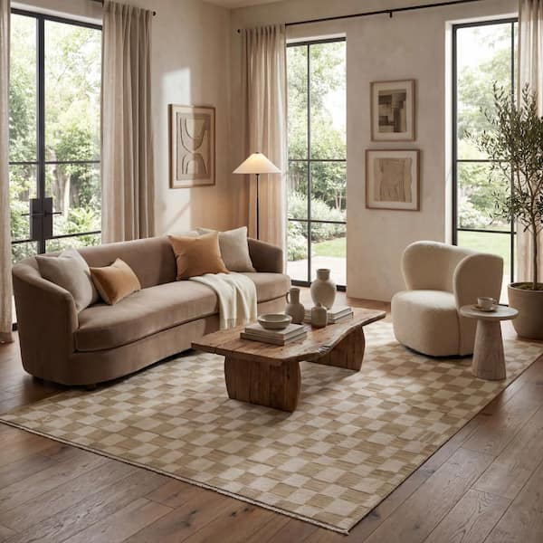 Dominique Abstract Checkered Fringe Area Beige 4 ft. x 7 ft. Indoor Area Rug