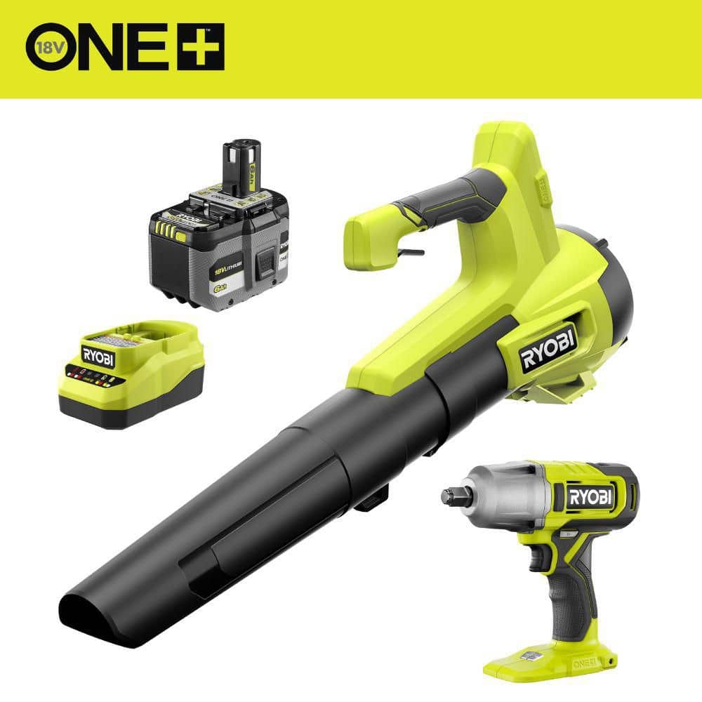 RYOBI ONE+ 18V 100 MPH 350 CFM Cordless Battery Leaf Blower with 6.0 Ah Battery, Charger, and FREE ONE+ 1/2" Impact Wrench (PCLLB01KSB-PCL)