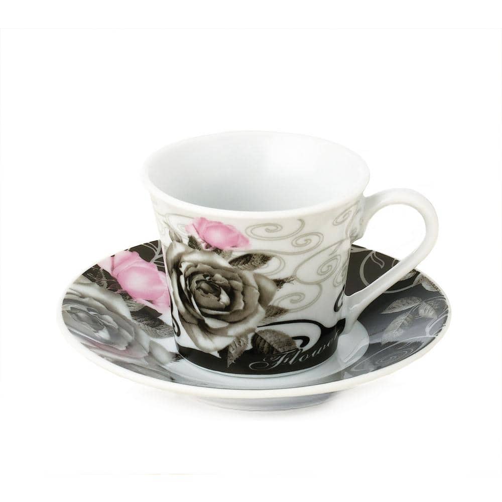 Red and Ivory Floral Ceramic Espresso Cup and Saucer Set with Metal Stand