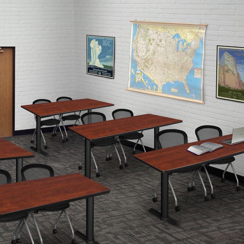 Cain 66 in x 24 in. Cherry T-Base Training Seminar Table Desk and 2 Cadence Nesting Chairs
