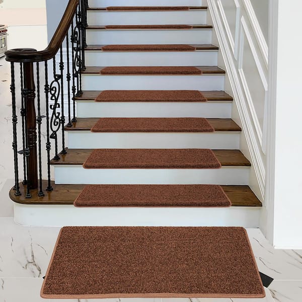 Brown 9.5 in. x 30 in. x 1.2 in. Bullnose Polypropylene Non-slip Carpet Stair Tread Cover With Landing Mat (Set of 15)