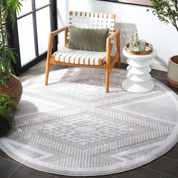 Global Gray/Ivory 7 ft. x 7 ft. Geometric Diamond High-Low Indoor/Outdoor Round Area Rug