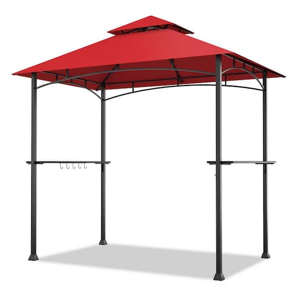 8 ft. x 5 ft. Red 2-Tier Grill Gazebo with Serving Shelf and Storage Hooks
