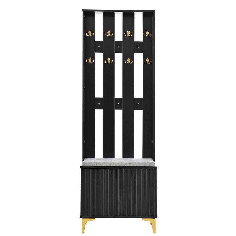 23.6 in. W x 13.7 in. D x 70.8 in. H Black Wood Hall Tree with Cushion and 