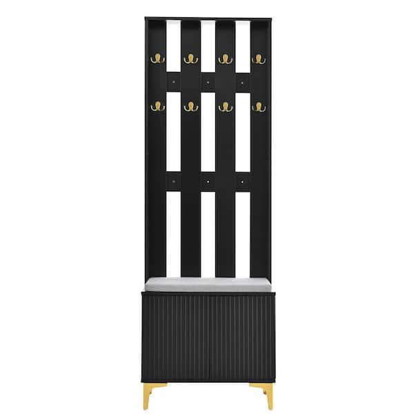 Unbranded 23.6 in. W x 13.7 in. D x 70.8 in. H Black Wood Hall Tree with Cushion and 8 Gold Hooks for Entryways Hallways