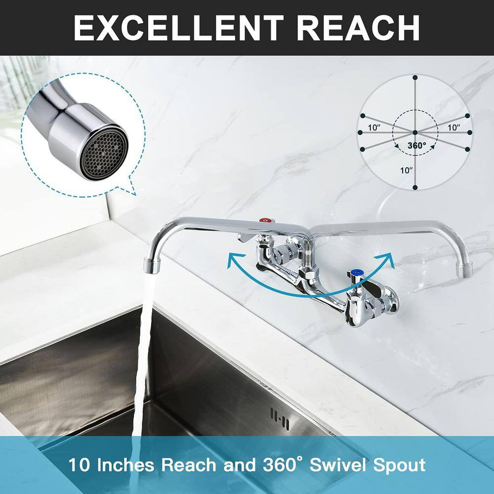 Chrome Wall Mount Double Handle Bridge Faucet with 10-inch Swing Spout