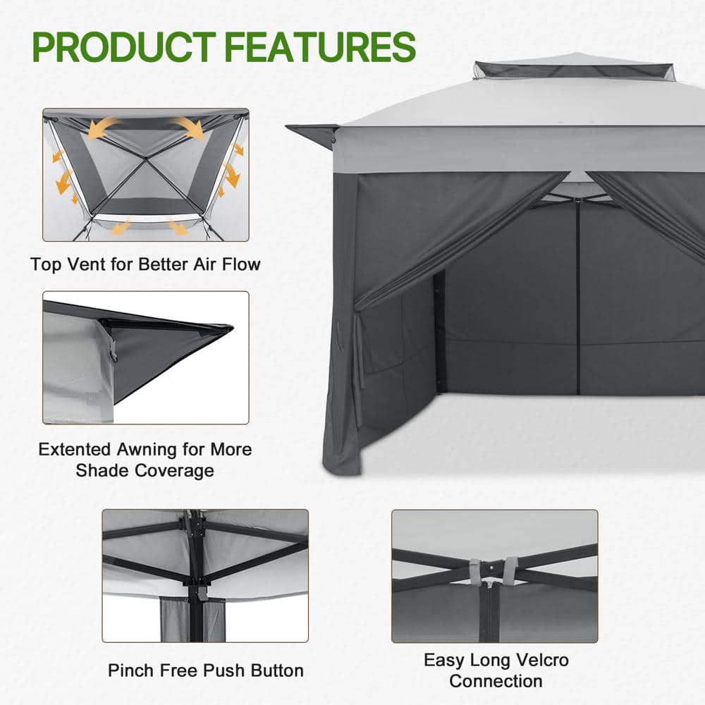 11 ft. Gray and Black Steel Patio Gazebo with Solid Walls