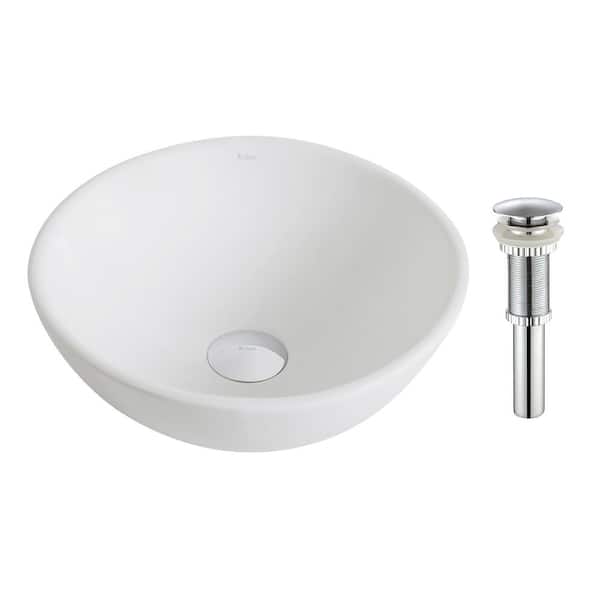 KRAUS Elavo Small Round Ceramic Vessel Bathroom Sink in White with Pop Up Drain in Chrome