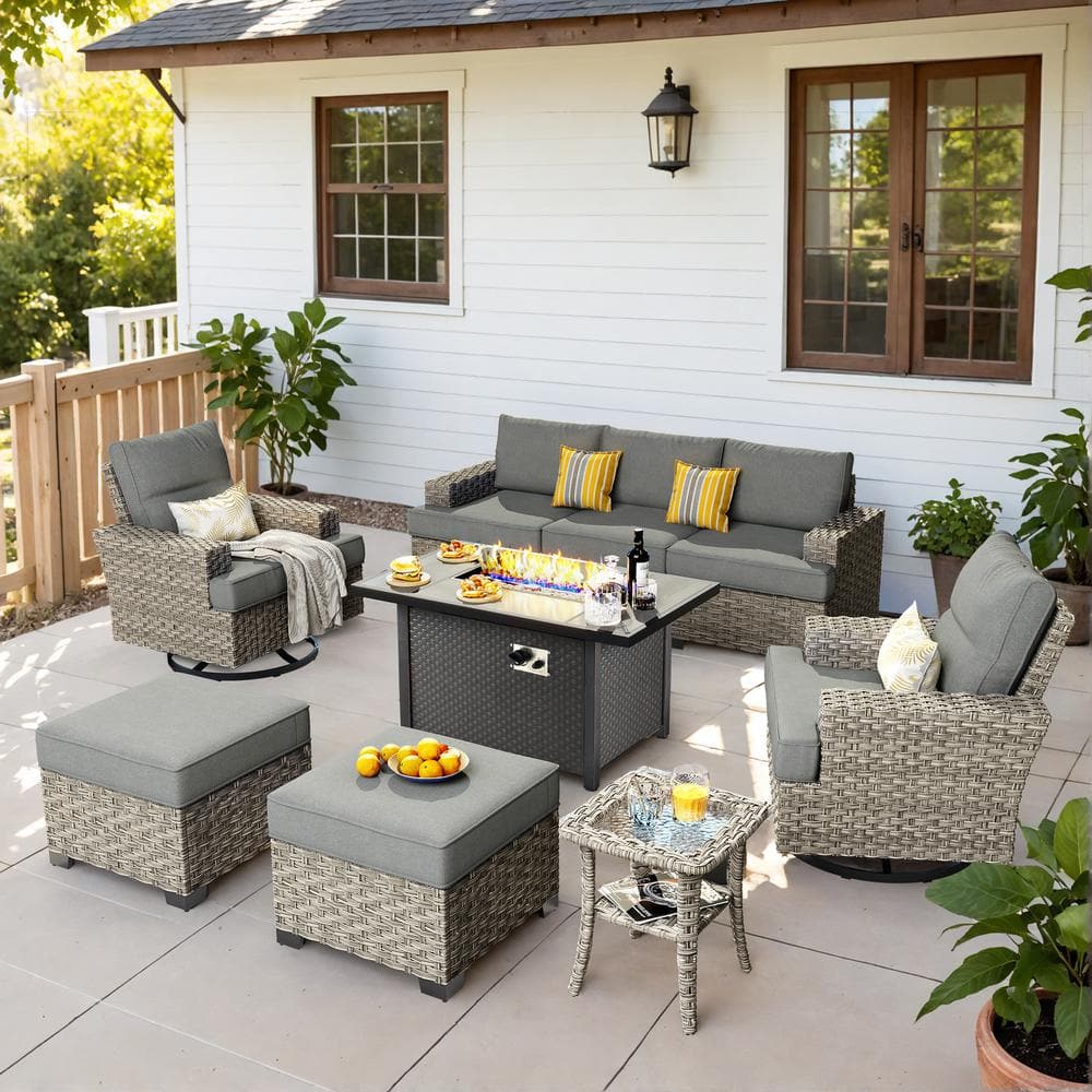 HOOOWOOO Kelleys 9-Piece Wicker Modern Outdoor Patio Conversation Sofa Set with a Fire Pit, Swivel Chairs and Dark Grey Cushions