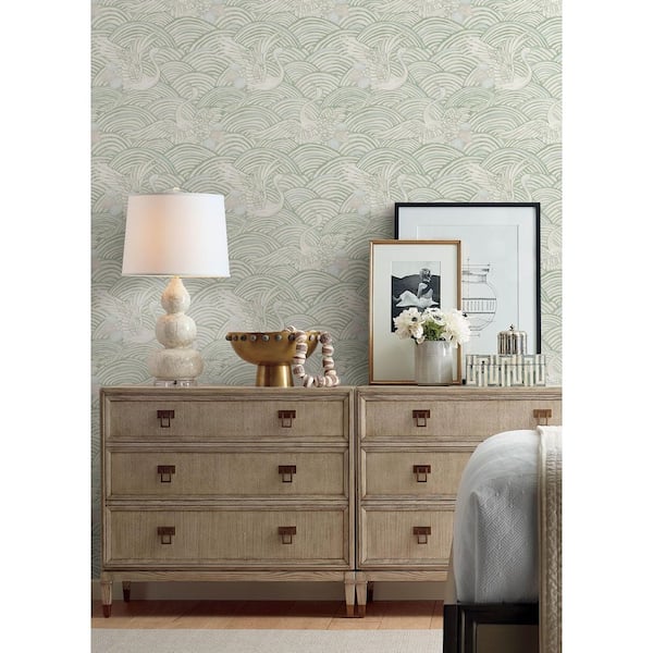 Egret Sage Green Tidal Dance Wallpaper Sample
