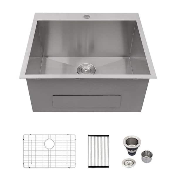 25 in. Drop-In 16-Gauge Single Bowl Stainless Steel Kitchen Sink with Bottom Grids, Rolling-Up Rack and Strainer